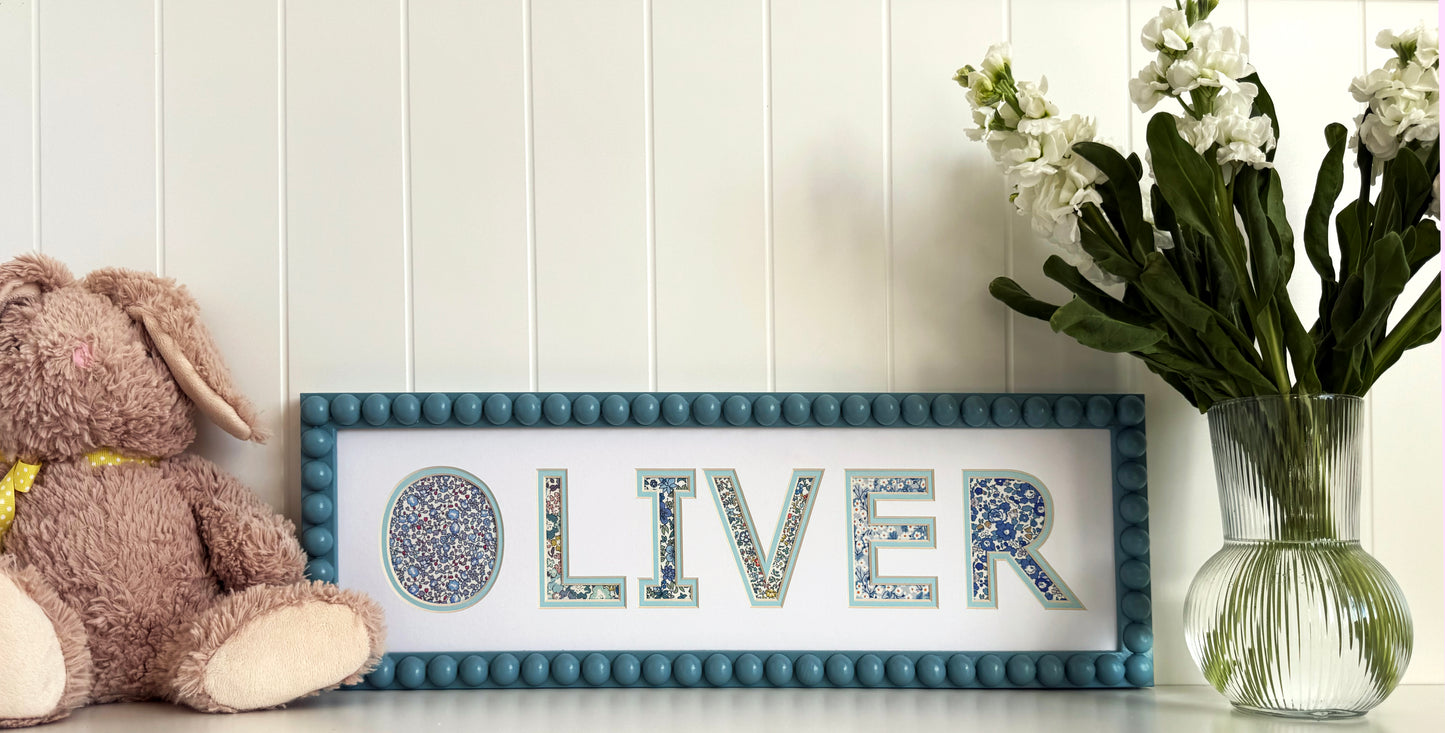 Personalised Blue Bobbin Name Frame with Floral Liberty Fabric