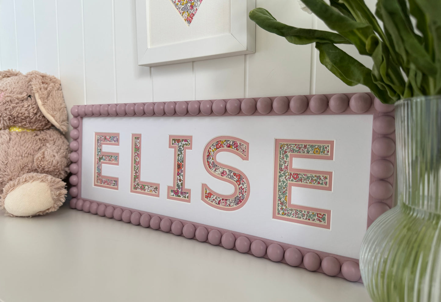 Personalised Pink Bobbin Name Frame with Pink Floral Liberty Fabric