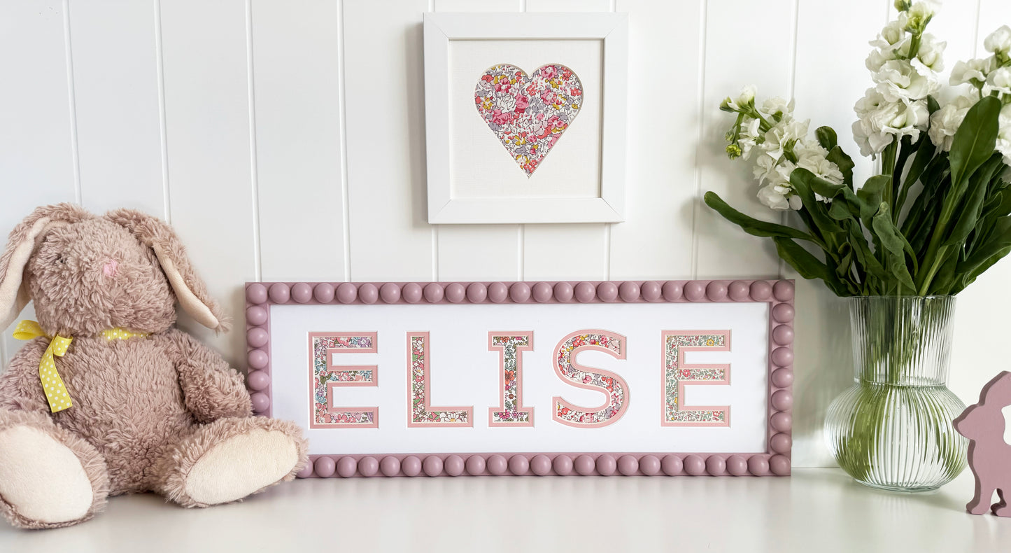 Personalised Pink Bobbin Name Frame with Pink Floral Liberty Fabric