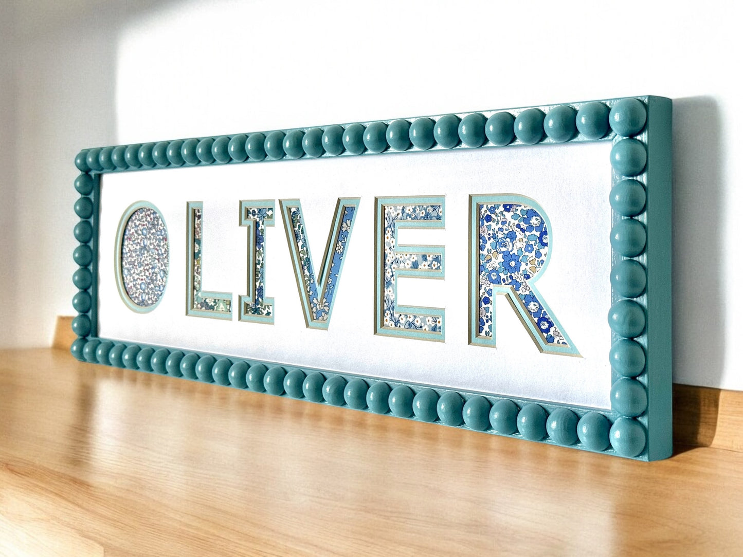 Personalised Blue Bobbin Name Frame with Floral Liberty Fabric