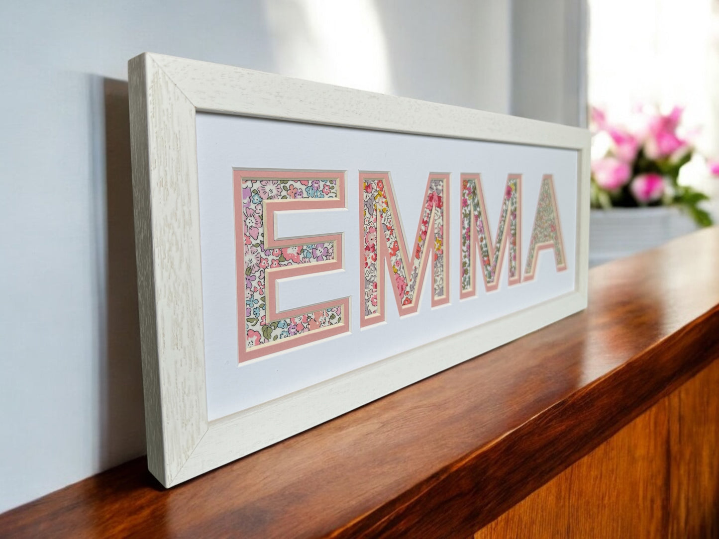 Personalised Name Frame with Pink Floral Liberty Fabric & White Frame