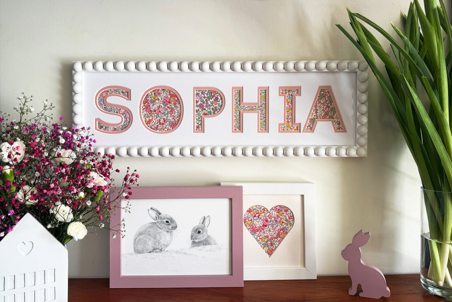 Personalised White Bobbin Name Frame with Pink Floral Liberty Fabric