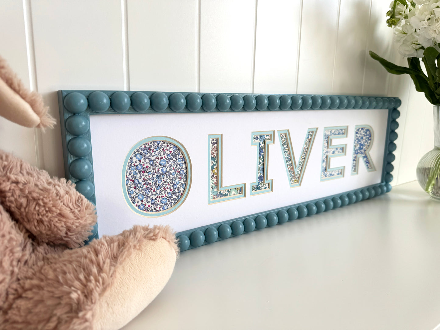 Personalised Blue Bobbin Name Frame with Floral Liberty Fabric