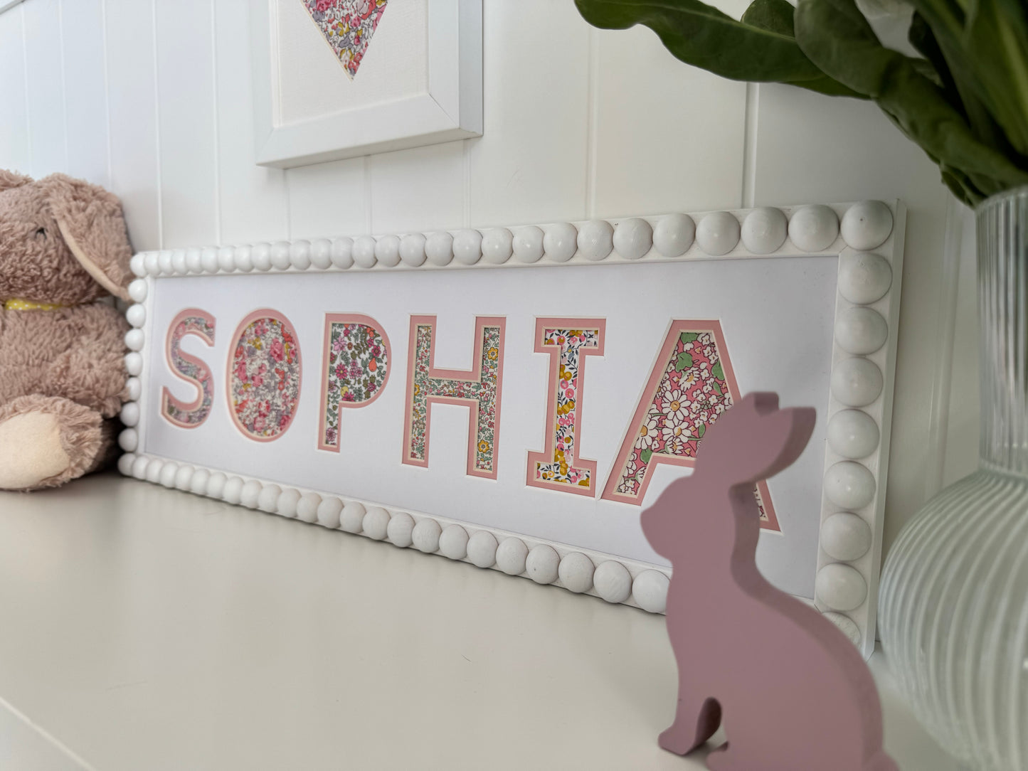 Personalised White Bobbin Name Frame with Pink Floral Liberty Fabric