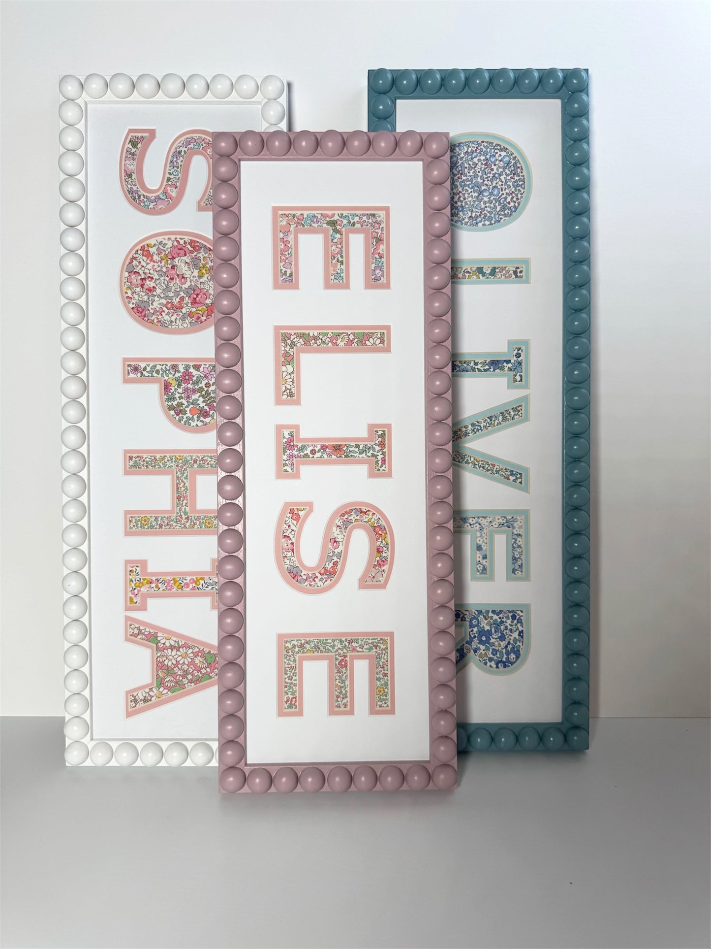 Personalised Bobbin Name Frame with Blue Floral Liberty Fabric