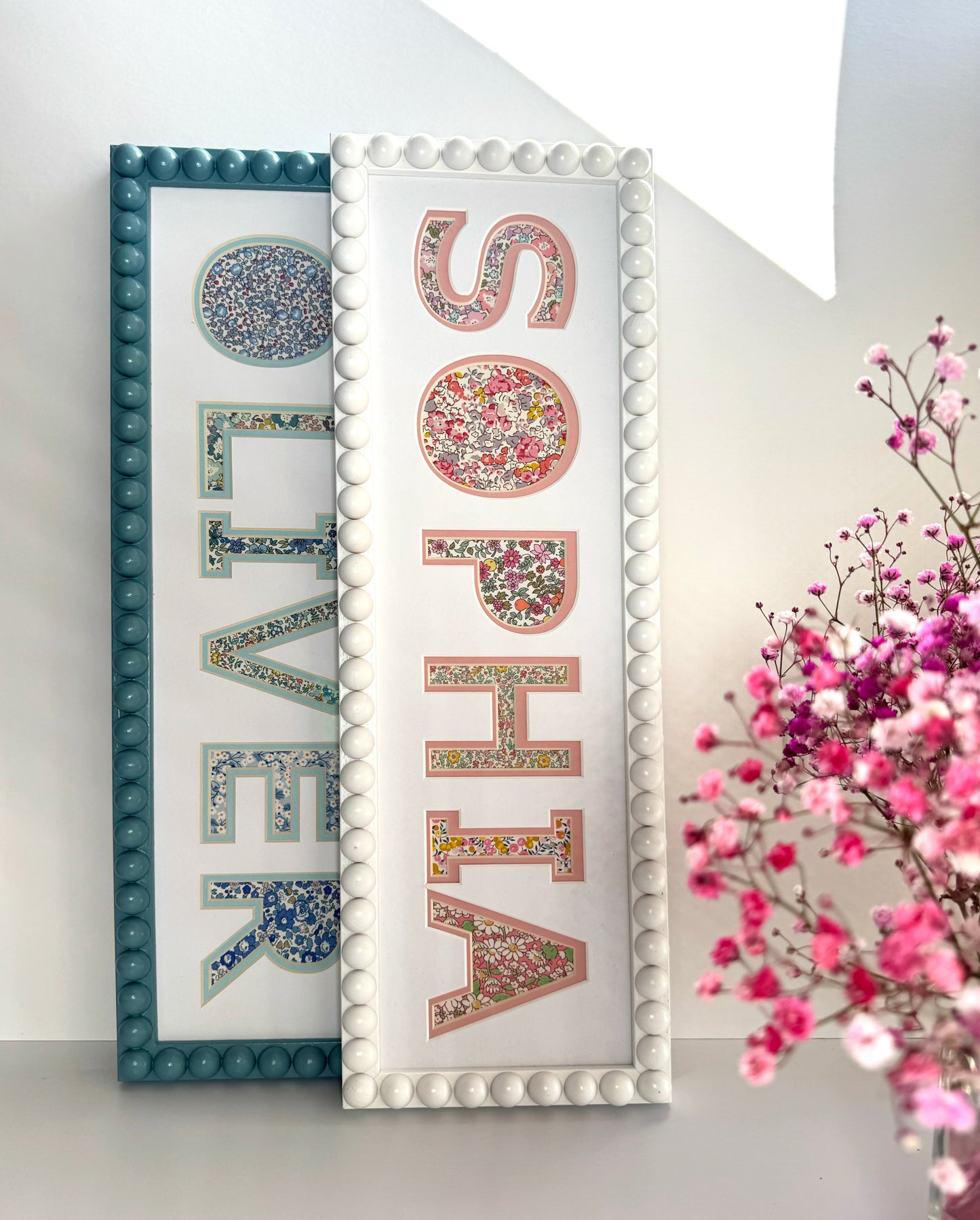 Personalised Bobbin Name Frame with Blue Floral Liberty Fabric