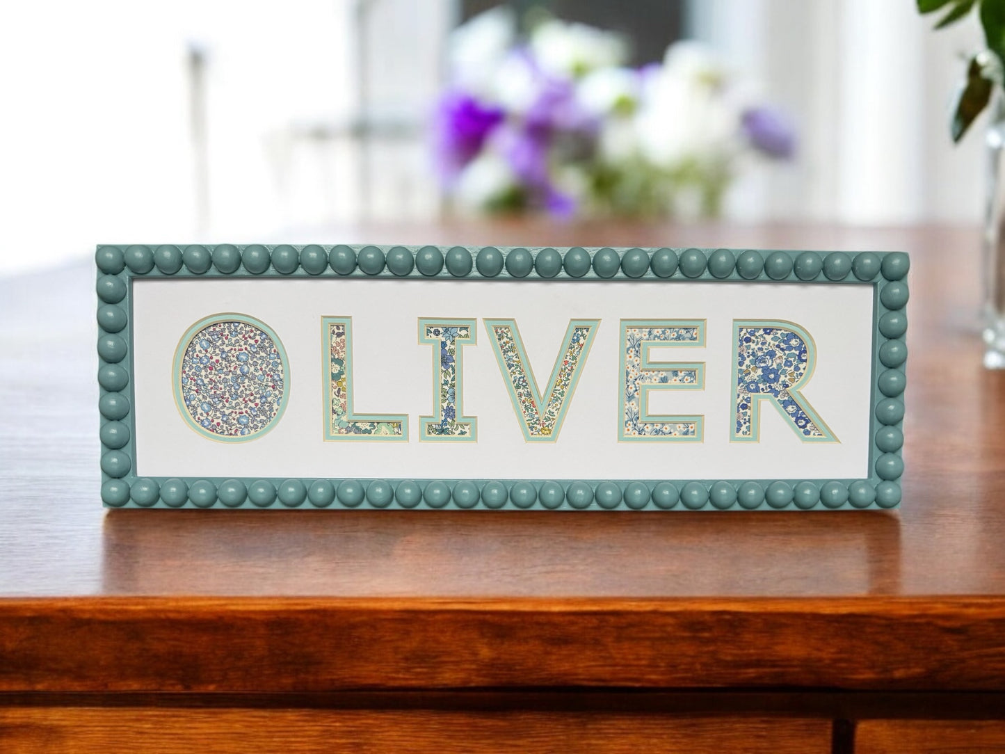 Personalised Blue Bobbin Name Frame with Floral Liberty Fabric