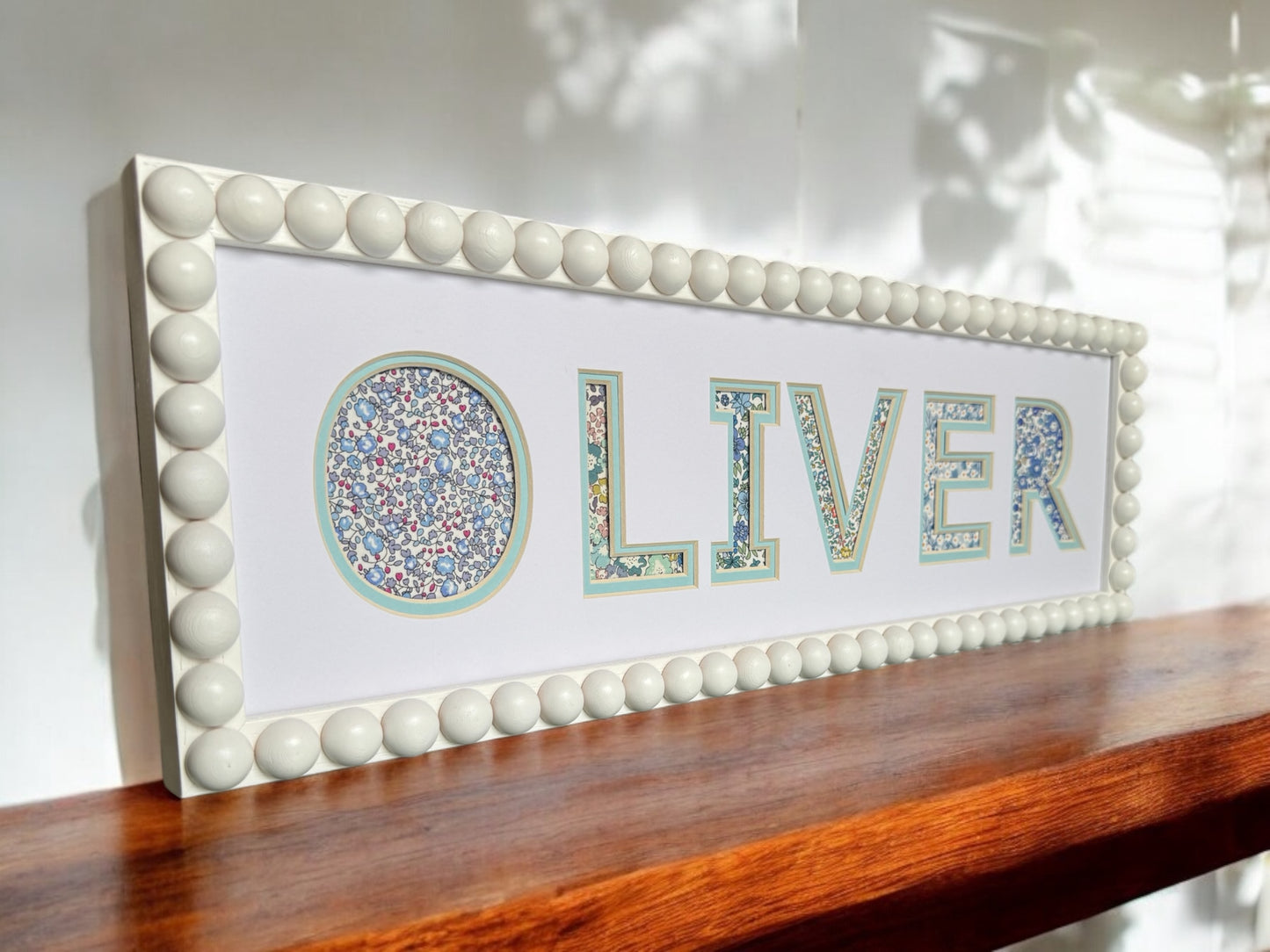 Personalised Bobbin Name Frame with Blue Floral Liberty Fabric
