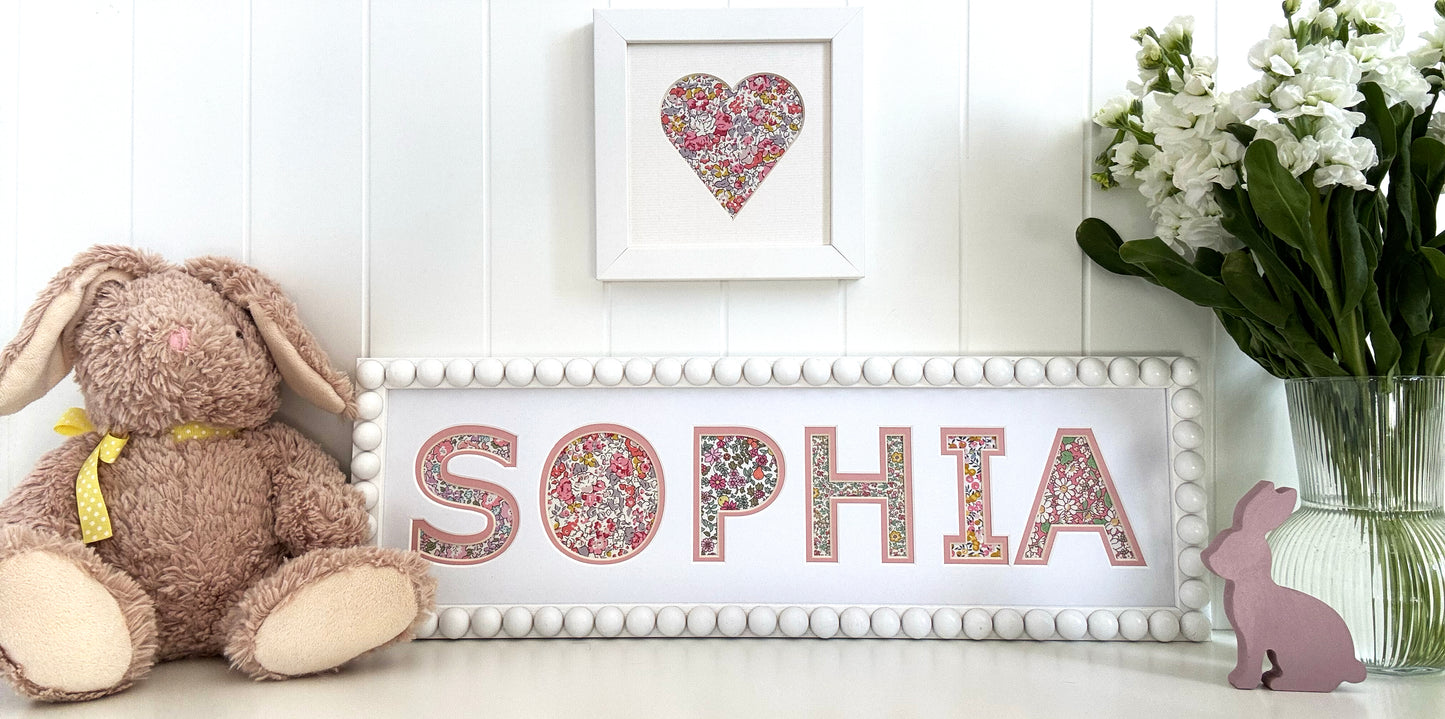 Personalised White Bobbin Name Frame with Pink Floral Liberty Fabric