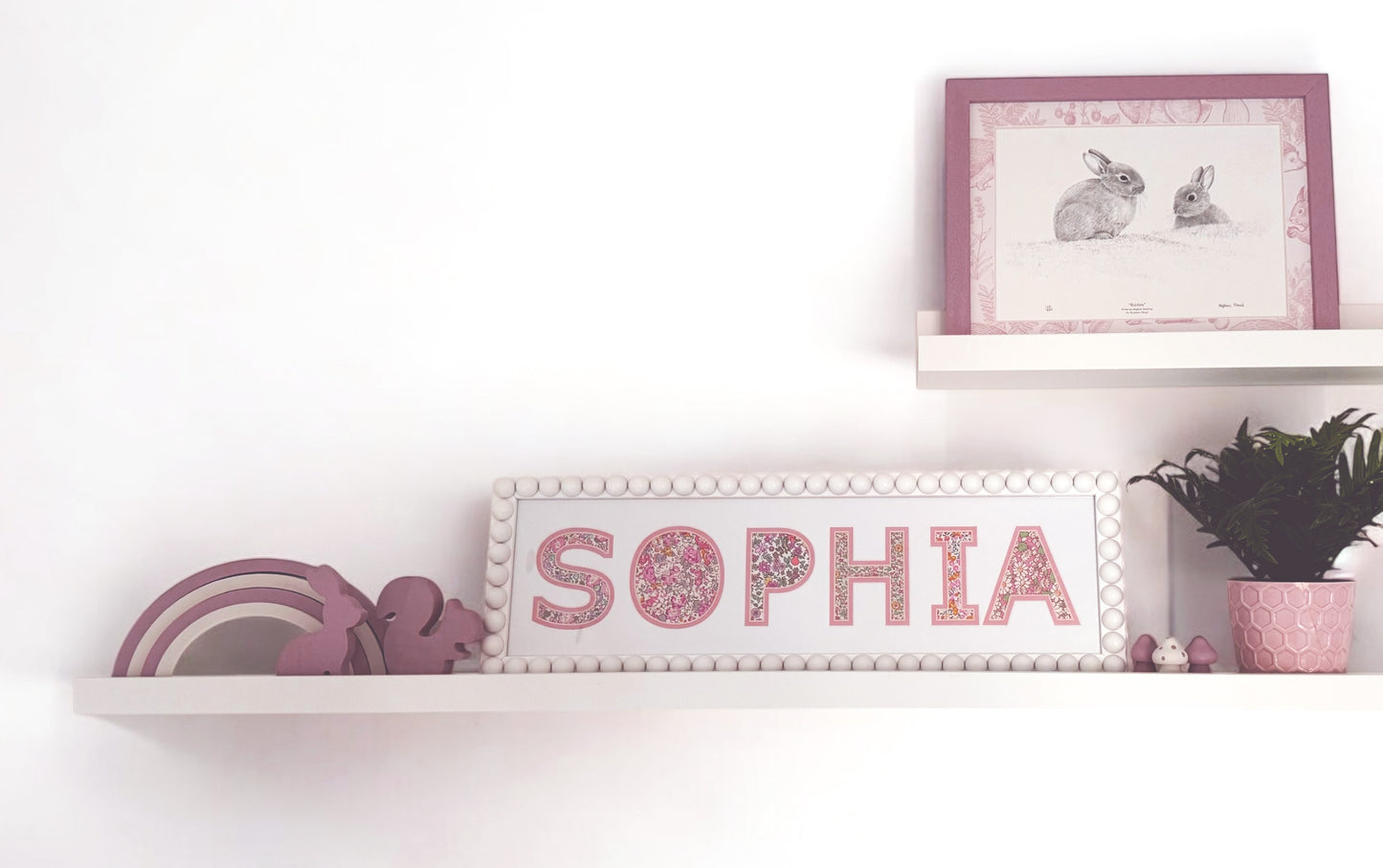 Personalised Pink Bobbin Name Frame with Pink Floral Liberty Fabric